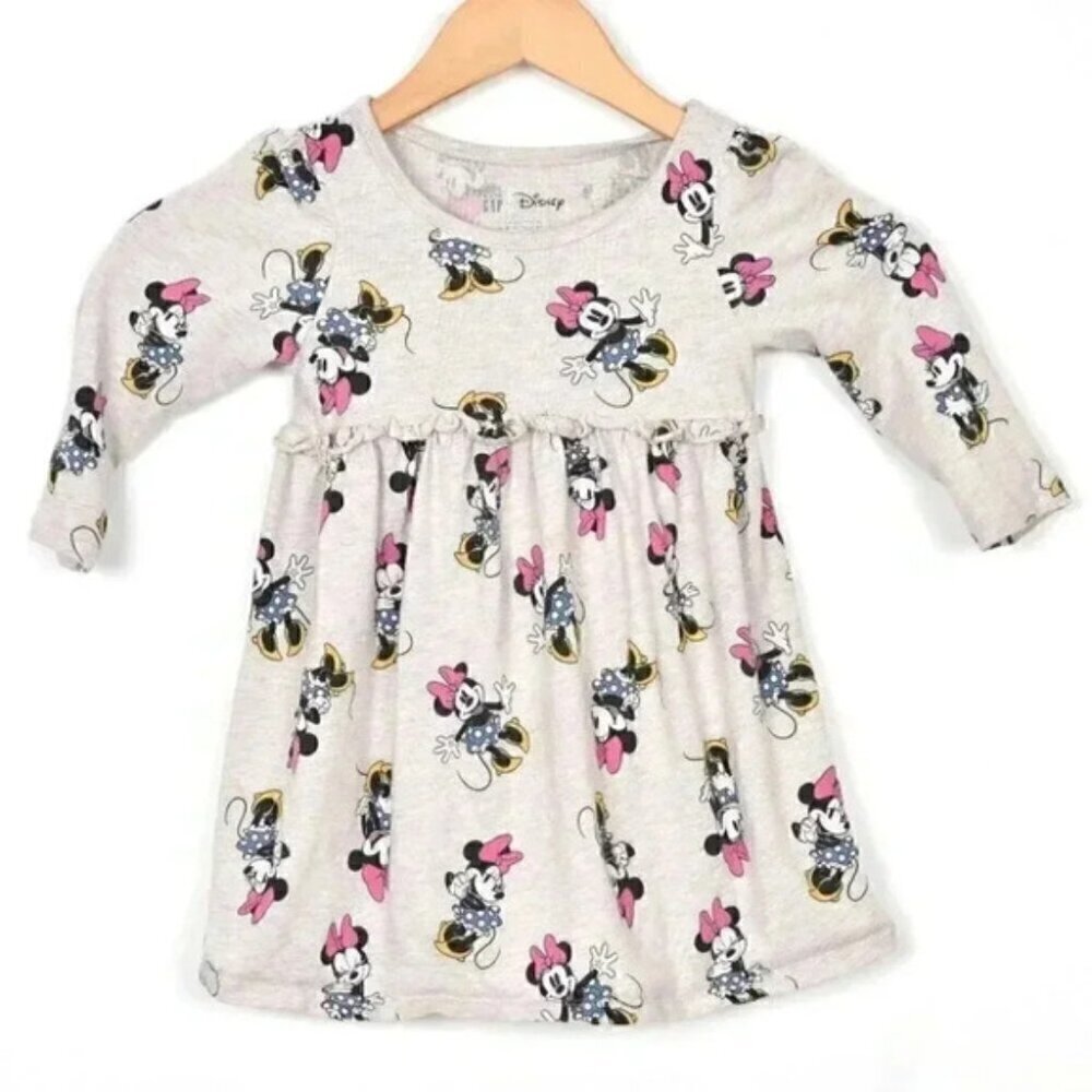 Gap x Disney Minnie Mouse Cream/Grey Cotton Long Sleeve Dress 3T